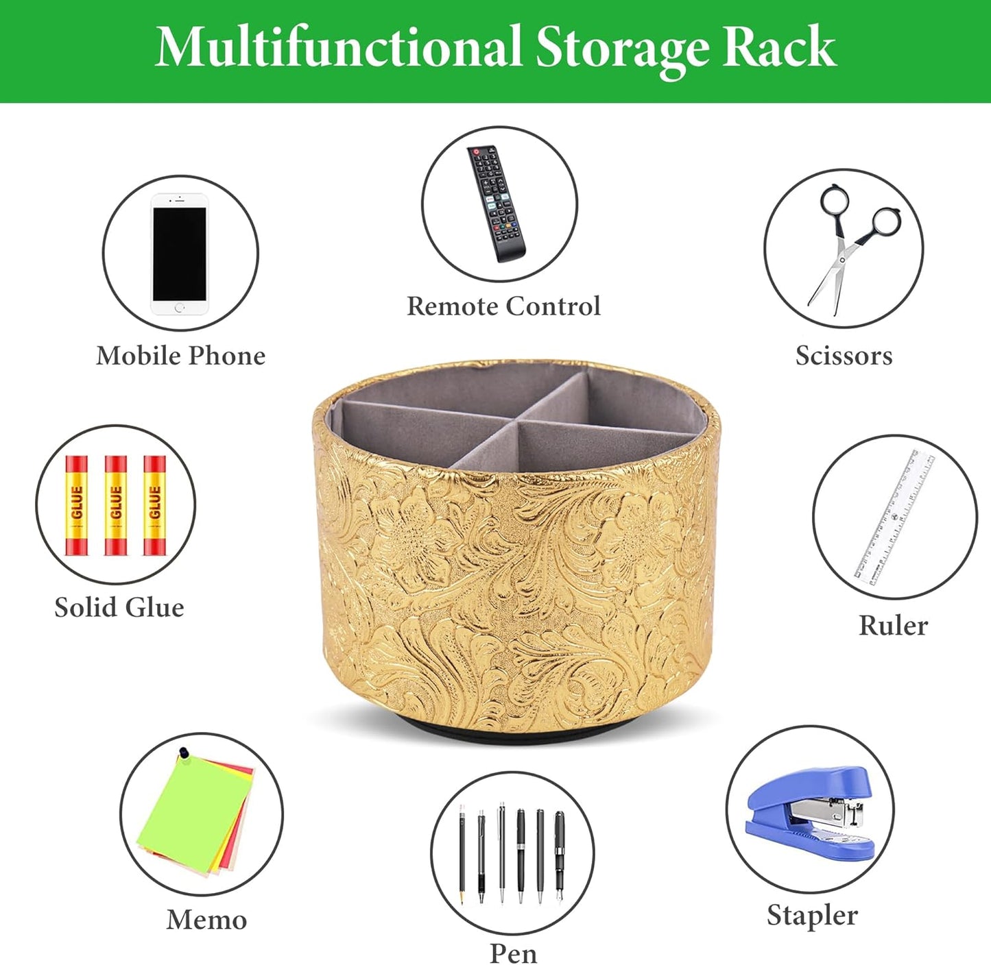 lizimandu Round Leather Art Supply Organizer,Remote Control Holder,360 Degree Spinning,Multi-Functional Pencil Holder,4 Compartments Desktop Stationary Organizer(1-Carved Gold)