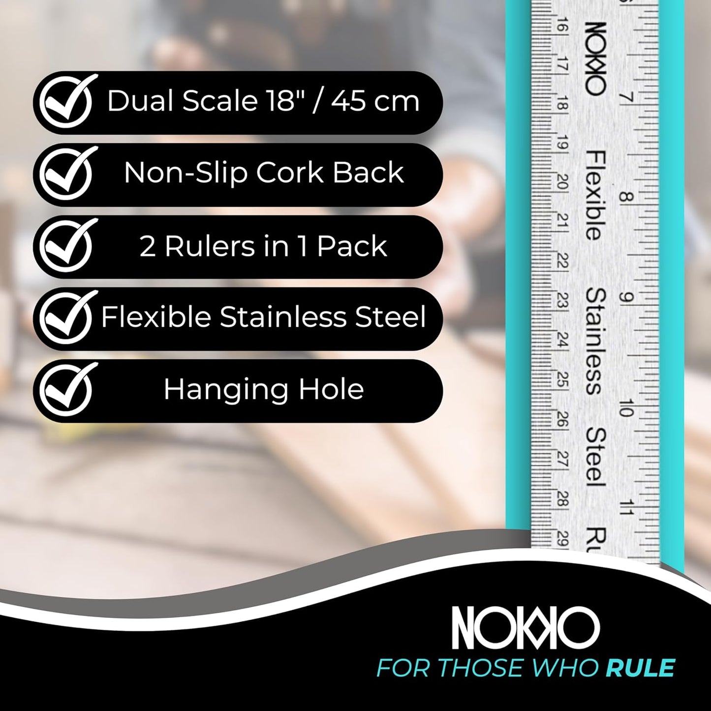 NOKKO 18 Inch Metal Ruler with Cork Backing, Pack of 2 - Stainless Steel Straight Edge Ruler with Inches and Centimeters, Non-Slip Cork Back for Precision Measurement and Stability