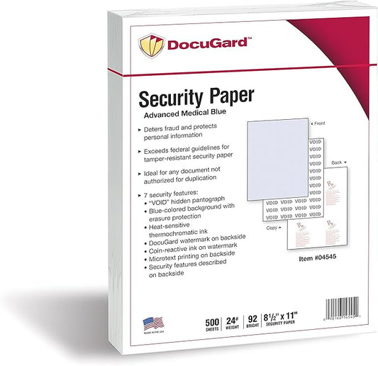 DocuGard Advanced Medical Security Paper for Printing Prescriptions and Preventing Fraud, CMS Approved, 7 Security Features, Laser and Inkjet Safe, Blue, 8.5 x 11, 24 lb., 500 Sheets (04545)