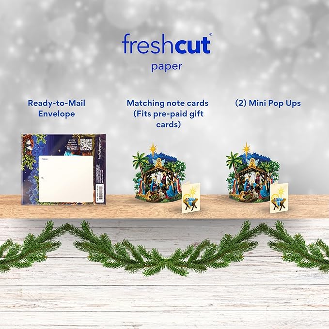 Freshcut Paper Pop Up Cards, Mini Starlit Nativity (Set of 2), 6 Inch Mini Sized 3D Popup Greeting Card and Paper Nativity Scene, Christmas Cards, Holiday Card, Blank Notecard & Envelope