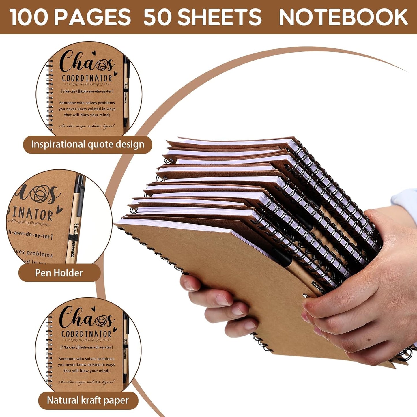 Nezyo 10 Sets Chaos Coordinator Gifts Employee Appreciation Week Notebook with Ballpoint Pen Spiral Notebook Teacher Appreciation Gifts Bulk for Women Men Journals Thank You Cowerker (Brown)