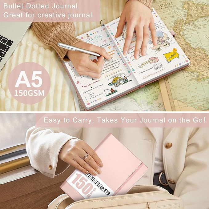 AHGXG Bullet Dotted Journal - 150 GSM Dot Grid Notebook Journal, Thick Acid-Free Paper, A5 Dotted Notebook 128 Pages, Leather Hardcover, Inner Pocket, Journal Stencil, 5.7'' × 8.3'' - Rose Gold