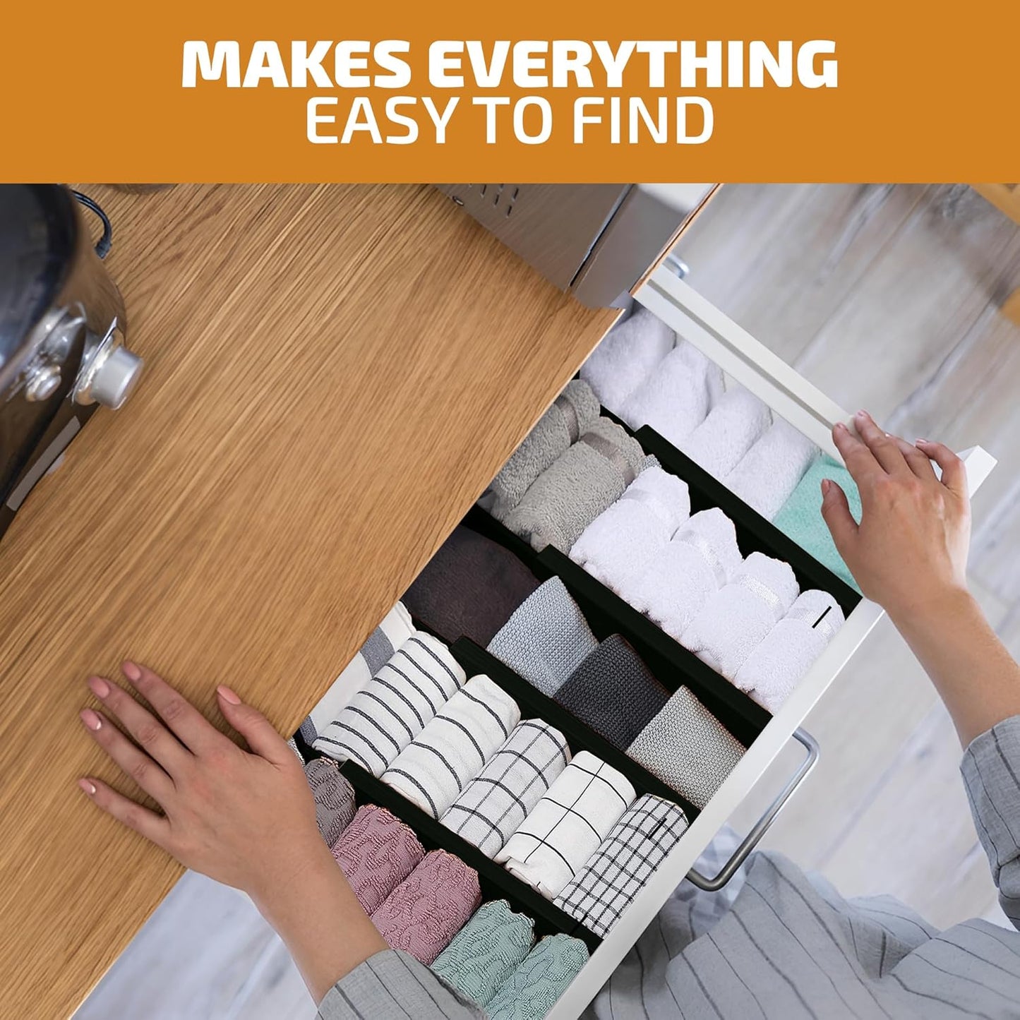 Large Kitchen Drawer Organizer - Expandable Bamboo Drawer Dividers (17" - 21.5") - Adjustable Separators for Kitchen, Clothes, Dresser, Bedroom, Bathroom, and Desk Drawers - 6-Pack (Black)