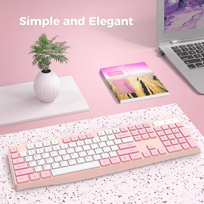 Lovaky Wireless Keyboard, 2.4G Ergonomic Wireless Computer Keyboard, Enlarged Indicator Light, Full Size PC Keyboard with Numeric Keypad for Laptop, Desktop, Surface, Chromebook, Notebook,PinkWhite