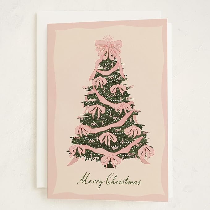 Minted Rococo Tree Christmas Cards, 8 Cards with Envelopes, Folded 5x7 Holiday Card with Pink Ribbon and Pearl Garland Christmas Tree, Vintage-Inspired Design, Luxurious Paper, Interior Message