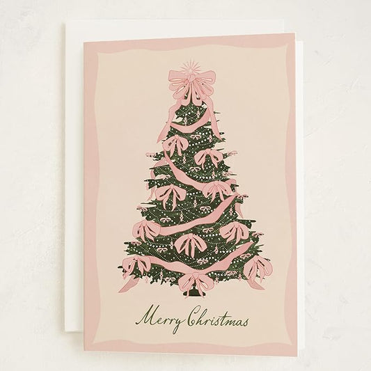 Minted Rococo Tree Christmas Cards, 8 Cards with Envelopes, Folded 5x7 Holiday Card with Pink Ribbon and Pearl Garland Christmas Tree, Vintage-Inspired Design, Luxurious Paper, Interior Message
