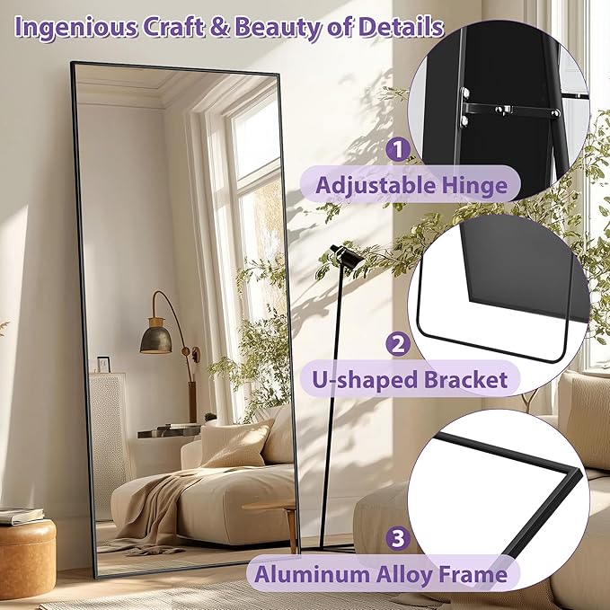 Full Length Mirror, 71"x26" Oversized Floor Mirror Freestanding, Full Body Mirror Floor Standing Mirrors with Stand, Hanging Mounted Mirrors for Bedroom Living Room, Black, Rect Style