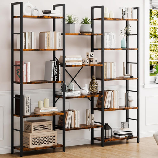 Shintenchi Triple Column 5 Tier Bookshelf, Industrial Large Bookcase with 14 Open Display Shelves, Large Etagere Bookshelf,Wide Book Shelf Book Case for Home & Office, Rustic Brown