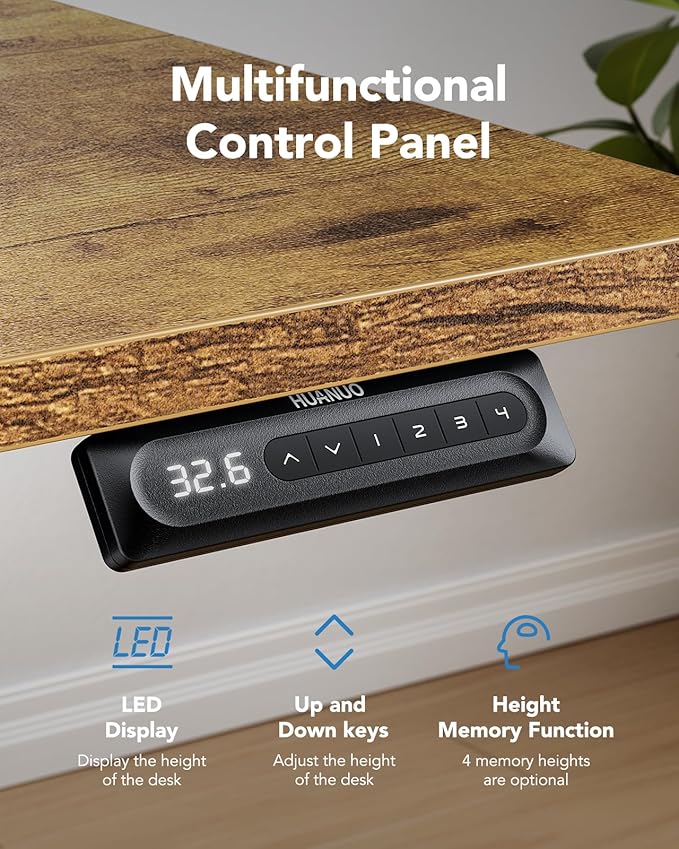 HUANUO 55" x 28" Electric Standing Desk Adjustable Height, 4 Memory Height Settings, Headphone Hook, Cable Manager, Sit Stand Up Desk for Home Office & Computer Workstation, Vintage Brown