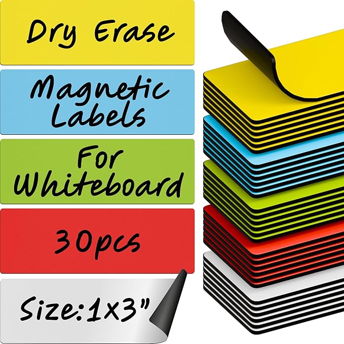 Dry Erase Magnetic Labels 30pcs, 1"×3"×0.7mm (Multicolor: White, red, Blue, Yellow, Green)