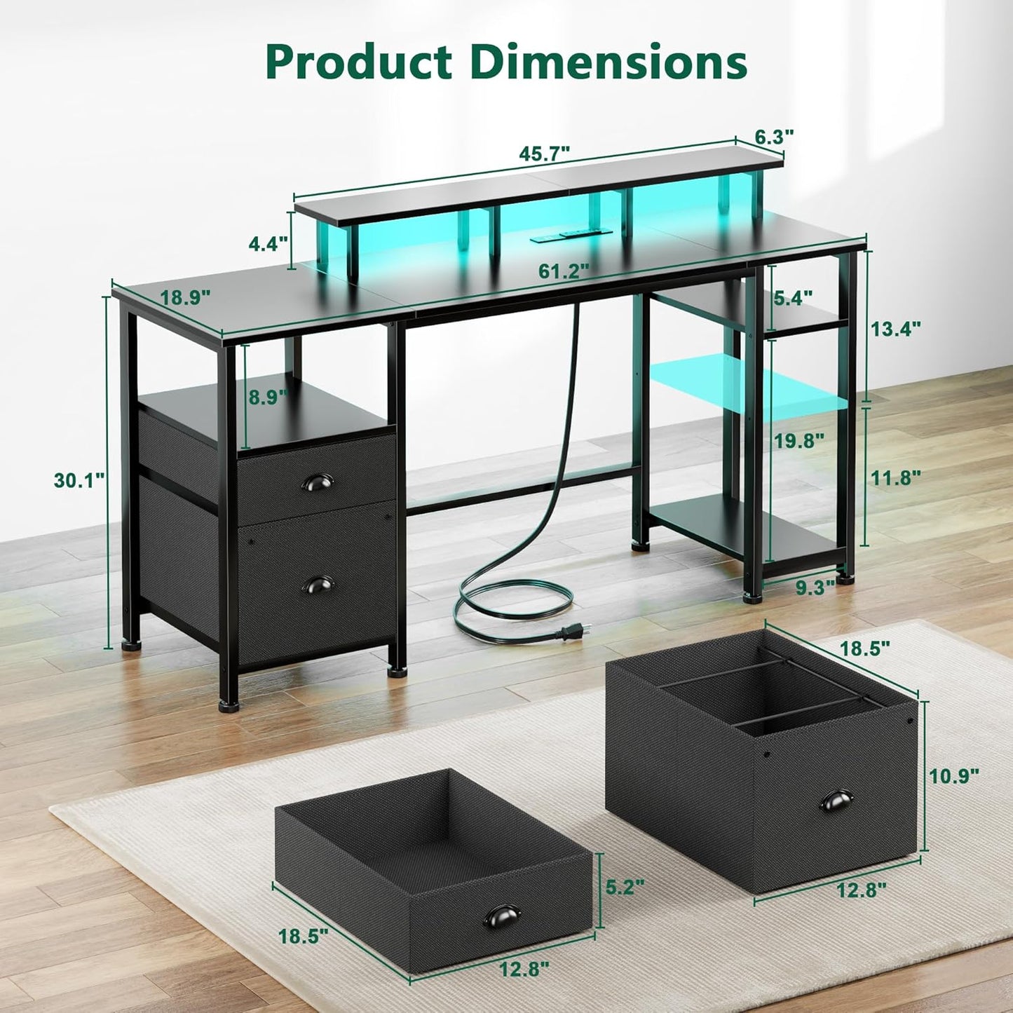 Furologee 61" Gaming Desk with Power Outlets & LED Lights, Reversible Computer Desk with File Cabinet & Monitor Stand for Home Office, Large Work Table with Storage Shelves & Drawer, Black