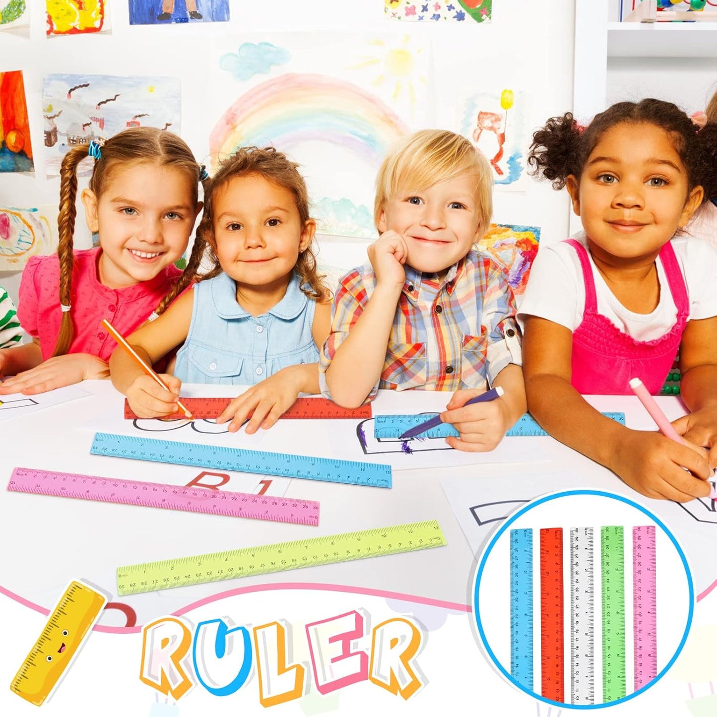 24 Pack Color Transparent Ruler Bulk 12 Inch Clear Plastic Rulers Kids Ruler with Centimeters and Inches Straight Measuring Drafting Tools for Classroom School Students Families Education
