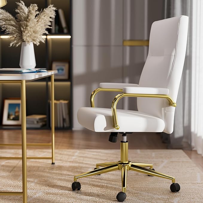 White and Gold Office Chair Memory Foam, White Leather Computer Desk Chairs with Wheels and Arms, High Back Executive Office Chair for Girl and Women