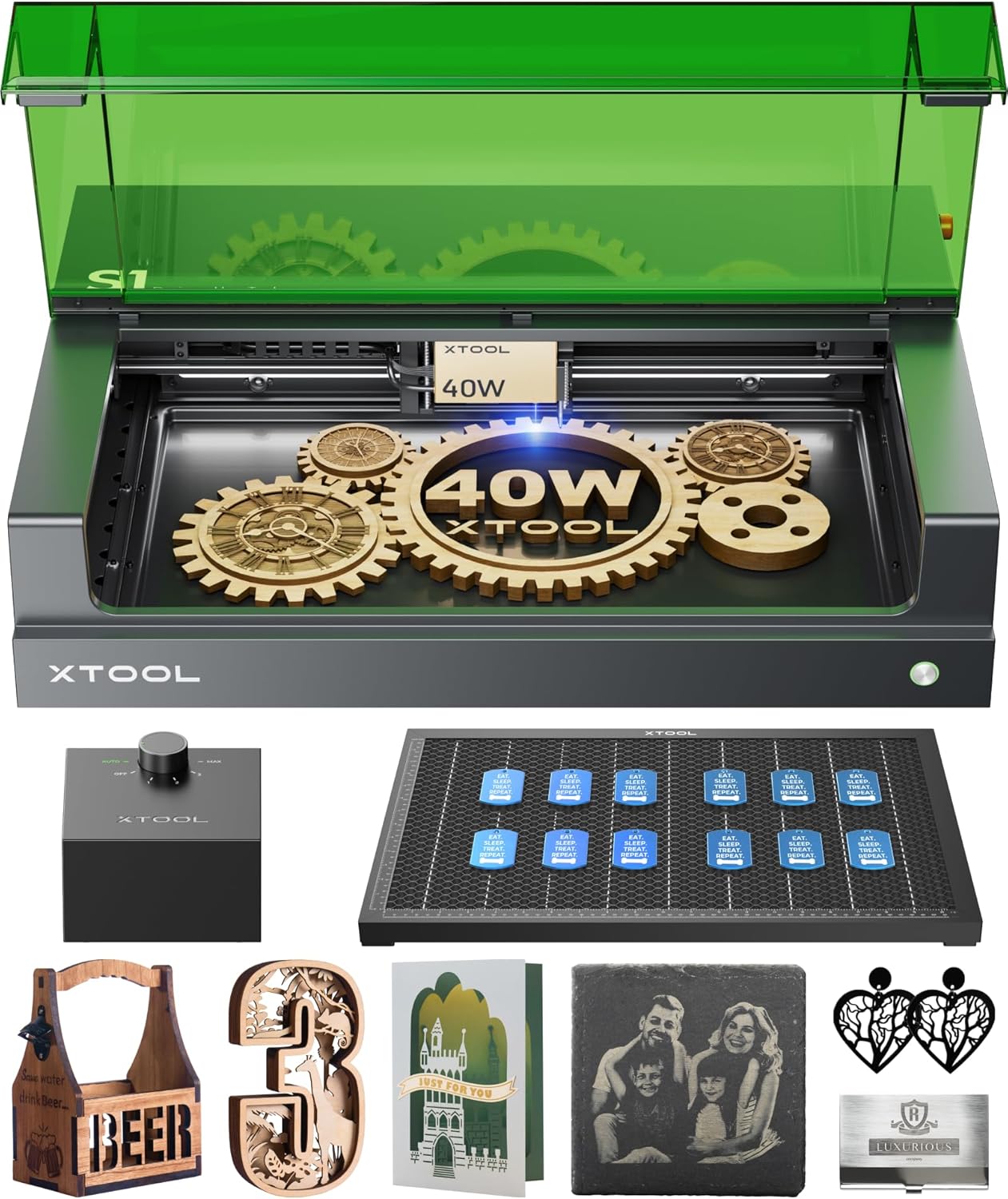 xTool S1 40W Laser Engraver and Cutter Machine with Air Assist & Honeycomb, 23.93" x 15.16" Bed Size, Beginner-Friendly, Laser Engravering Machine for Wood and Metal, Acrylic, etc. - Basic Bundle