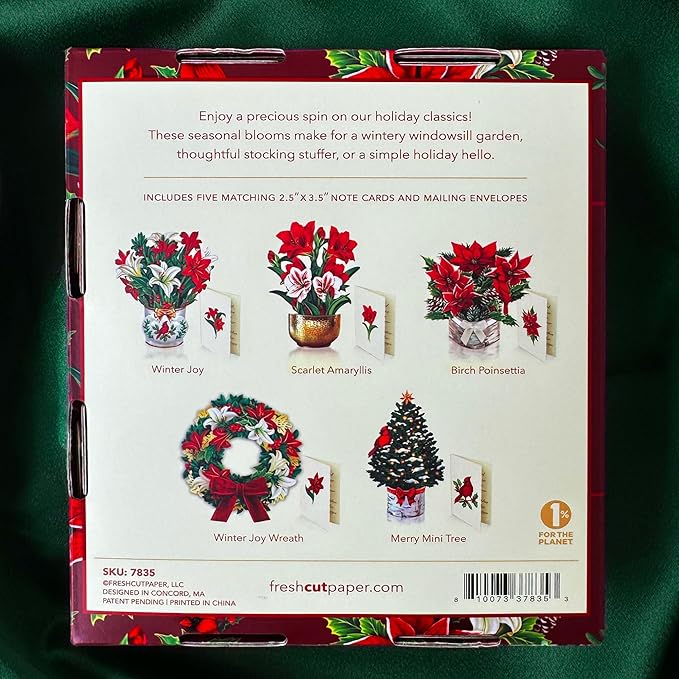Freshcut Paper Pop Up Cards, Holiday Collection, 6 inch Mini Sized Paper Flower Bouquet 3D Popup Greeting Cards, Christmas Card, Holiday Card, Blank Notecards & Envelopes, Pack of 5