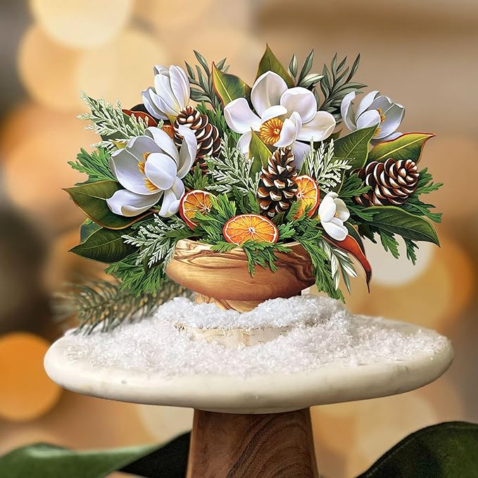 Freshcut Paper Pop Up Cards, Mini Winter Magnolia (Set of 2), 6 Inch Mini Sized Forever Flower Bouquet 3D Popup Greeting Card, Christmas Cards, Holiday Card, Blank Notecard & Envelope