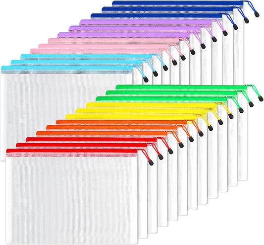 SUNEE Plastic Mesh Zipper Pouch 11x16 in (8 Colors, 24 Packs),Extra Large Water-Resistant Zip Bag for School Office Supplies, Puzzles & Games Organizing Storage