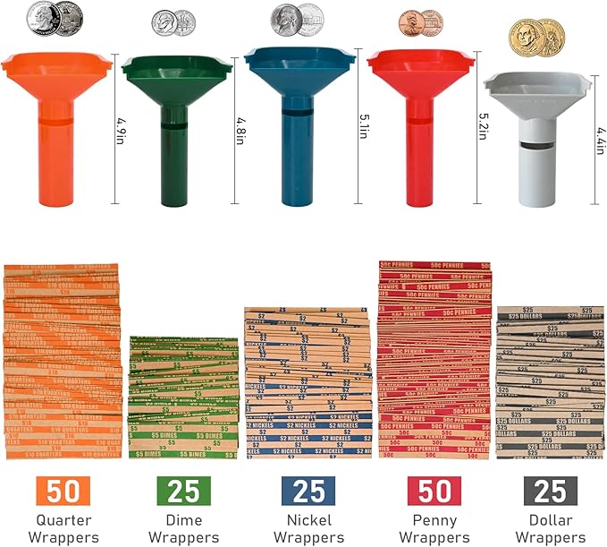 L LIKED 175 Assorted Flat Striped Coin Wrappers & 5 Coin Sorters Tubes, Color-Coded,Easy to Load