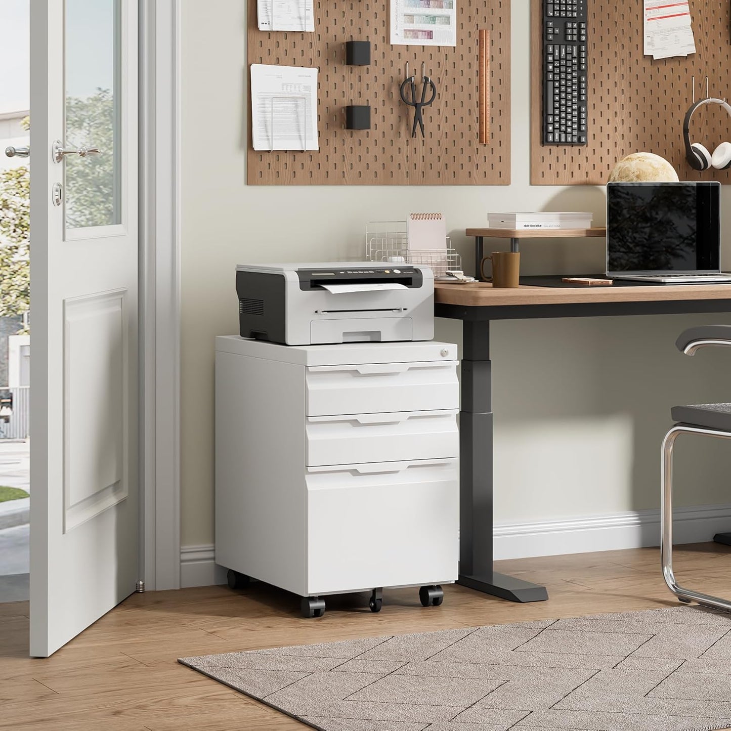 Bestoo 3 Drawer Mobile File Cabinet, Metal Filing Cabinets with Lock Wheels Under Desk, Lockable Rolling File Cabinet for Home Office, Fit Letter/Legal/A4 Size (White)