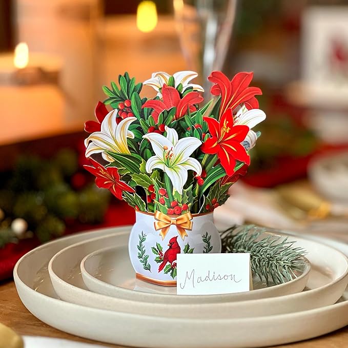 Freshcut Paper Pop Up Cards, Mini Winter Joy, 6 Inch Mini Sized Forever Flower Bouquet 3D Popup Greeting Cards, Christmas Card, Holiday Card, Blank Notecard & Envelope