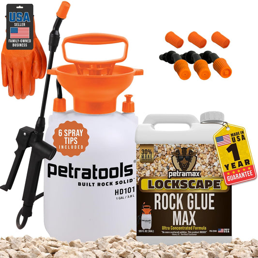 Lockscape Sticky Rock or Sticky Mulch Glue for Landscaping with Sprayer 1 Gallon, Max Rock Glue for Landscape & PetraTools HD101 Bundle, Lockdown Gravel or Mulch for Landscaping Hold (Stone Max)