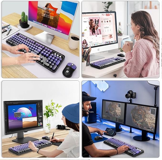Wireless Keyboard and Mouse Combo, 2.4 GHz Wireless Full-Sized Typewriter Keyboard with Round Keycaps for Windows, Computer, Desktop, PC, Laptop (BlackPurple)