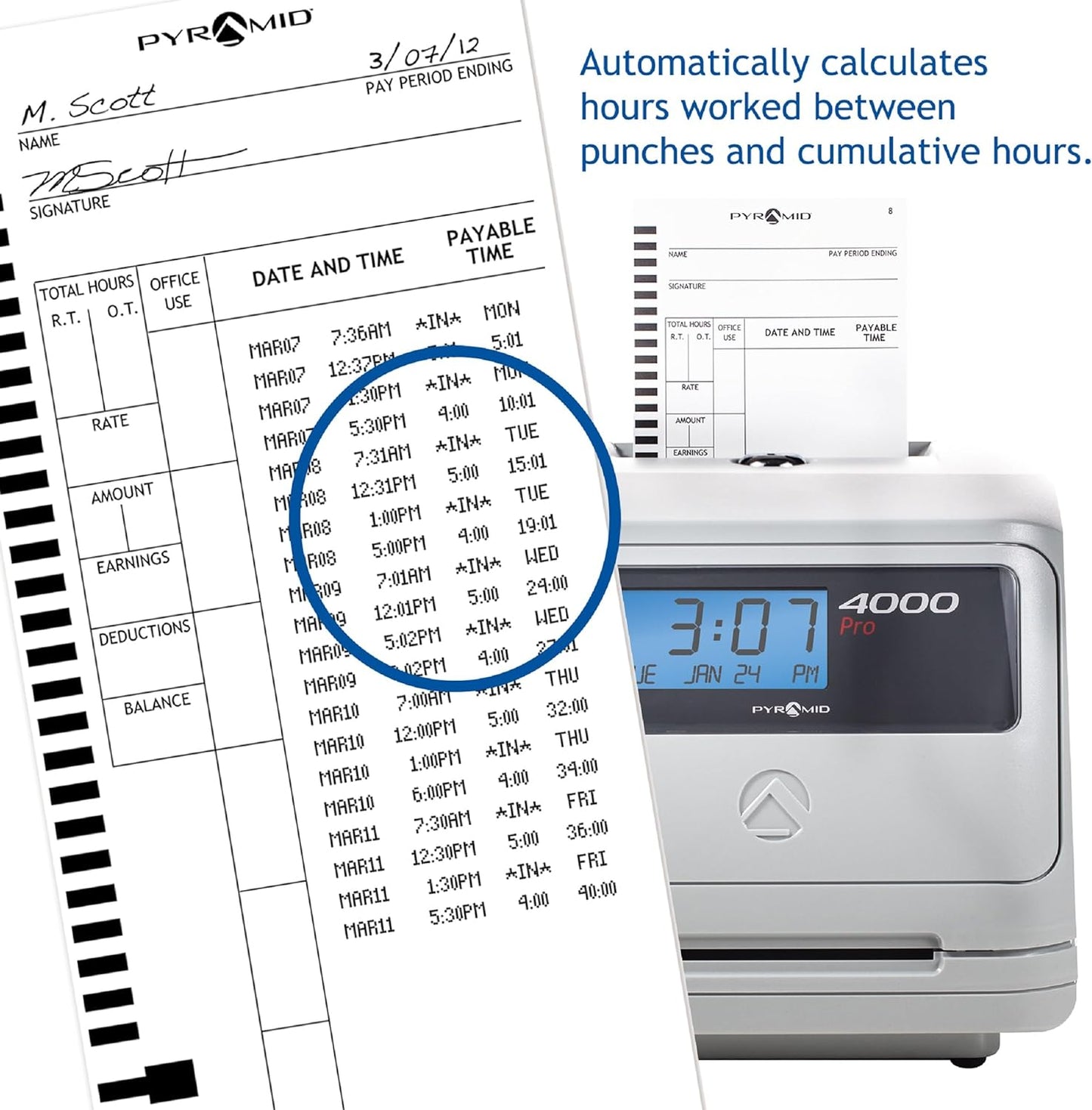 Pyramid Time Systems - Model 4000 Auto Totaling Time Clock, Electronic Time Punch Clock for Small Business, Bundle Includes: 25 Time Cards,Ribbon and 2 Security Keys - Silver ( 7.25"h x 7"w x 6.75"d)