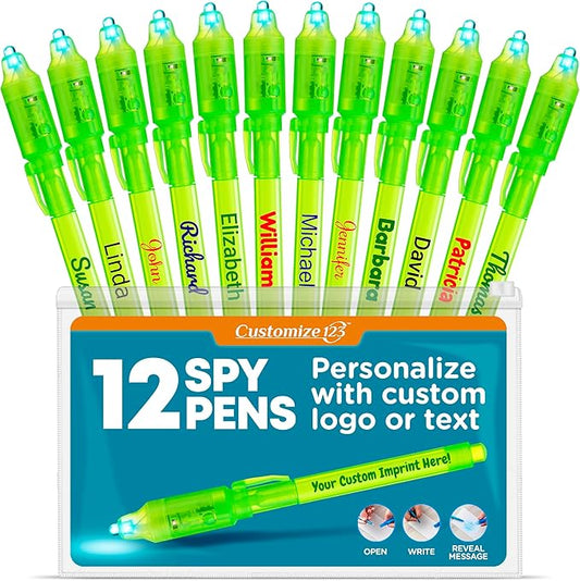Personalized Invisible Disappearing Ink Pen Marker Pack, Custom Secret Spy Message Writer with UV Light, Fun for Kids Party Favors Gifts and Stock Stuffers,12 Pack, Green