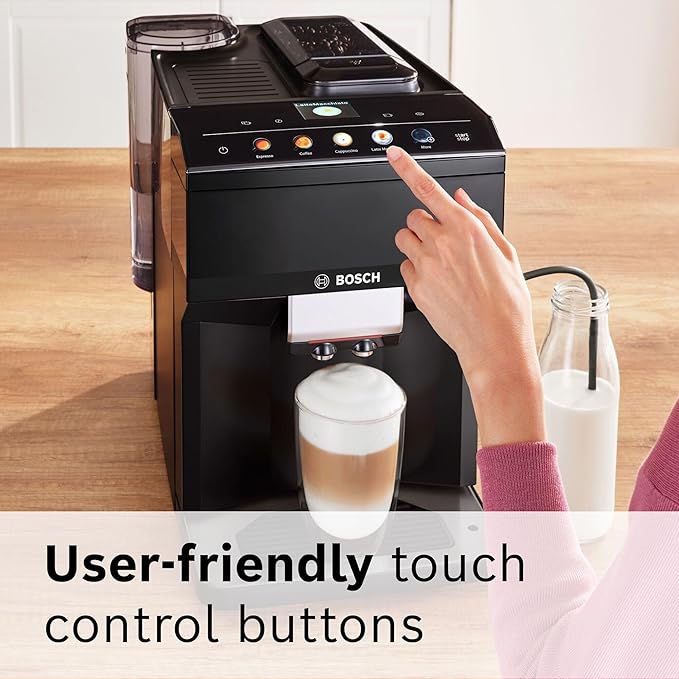 Bosch 500 Series Fully Automatic Espresso and Coffee Machine – Touch Control Panel, Milk Hose, Ceramic Grinder, Uses Beans & Ground Coffee, 9 One-Touch Drinks, in Black TPU40109