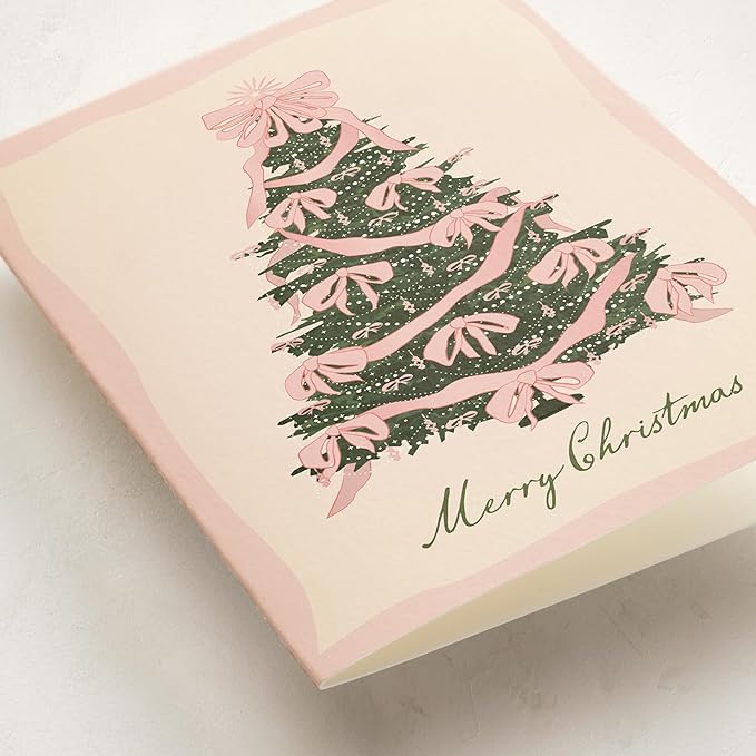Minted Rococo Tree Christmas Cards, 8 Cards with Envelopes, Folded 5x7 Holiday Card with Pink Ribbon and Pearl Garland Christmas Tree, Vintage-Inspired Design, Luxurious Paper, Interior Message