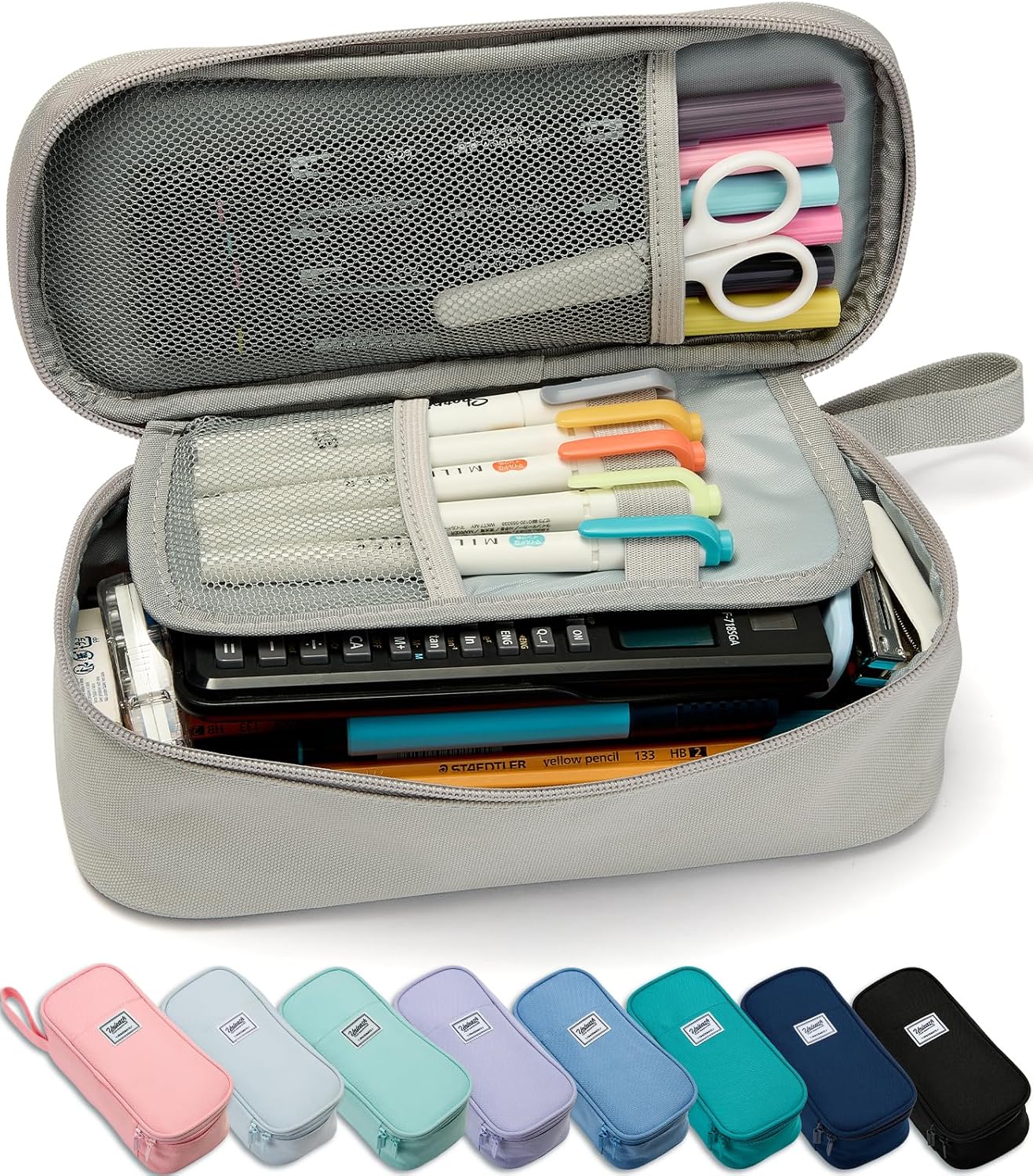 Pencil Case Pouch Box Bag School Supplies Girls Boys Kids, Cute Preppy Stuff Large Big Capacity Aesthetic Pen Organizer, Back to College Stationary, Gray, Classic Stlye, 1800ml