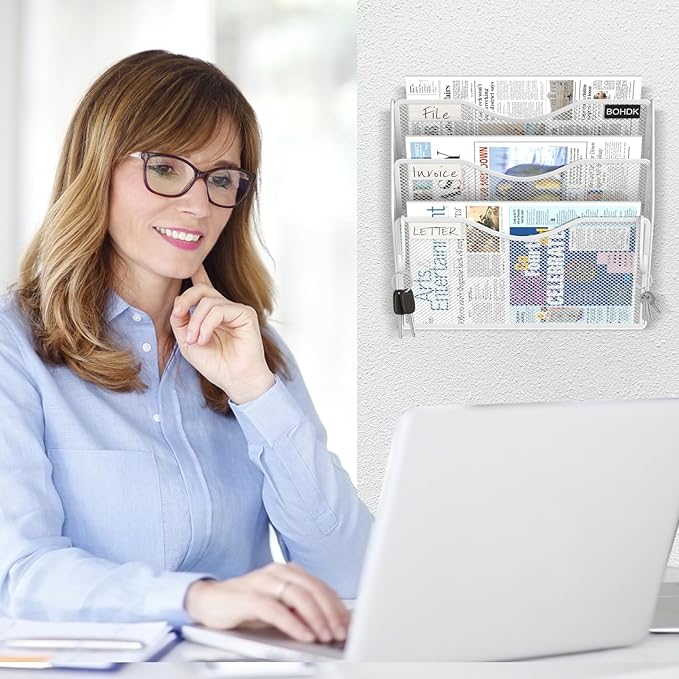 Wall File Organizer, 3 Tire Hanging File Folder Mail Organizer, Vertical Mesh Metal Door/Wall Mount Hanging File Organizer, Paper Document Magazine Rack with Hooks for Home Office White