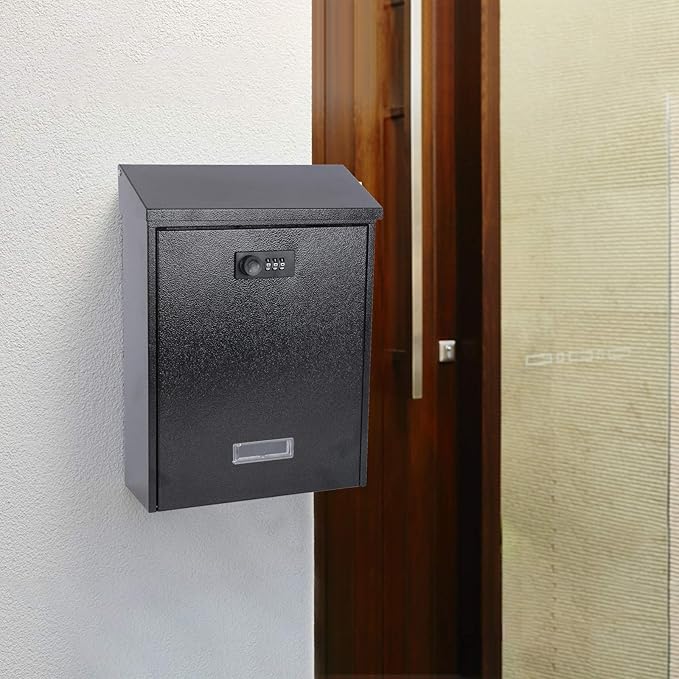 xydled Mail Boxes with Combination Lock,Locking Mailbox Wall Mounted,Large Capacity,Steel Cover Metal Postbox for House, 12.4×8.5×3 Inch, Black