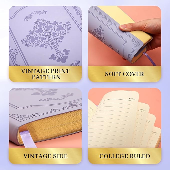 CAGIE Vintage Leather Journal for Women Soft Cover Notebook with 256 Lined Pages 100 GSM Thick Paper A5 College Ruled Journals Notebooks for Writing, 5.7 x 8.3 in, Purple