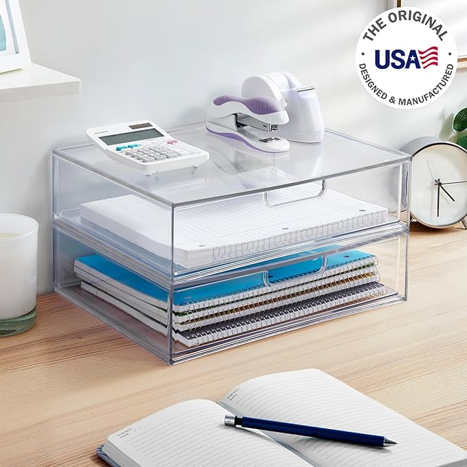 STORi STAX Plastic Stackable Organizer Drawers (Set of 2) Clear | 12.5" Wide | Set Includes Two Open Drawer | Organize Office Desk Accessories & Sort Paper | Made in USA
