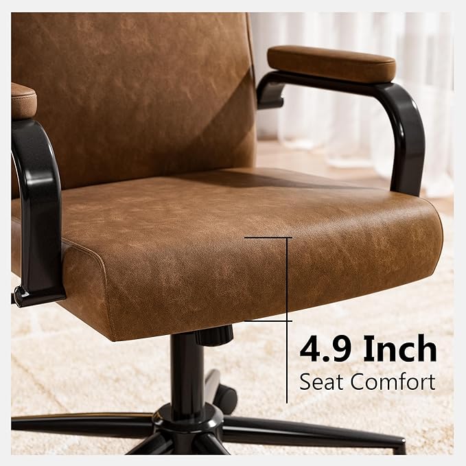 Brown Leather Office Chair with Wheels, Memory Foam Height Adjustable Computer Deak Chair, Rolling Swivel Executive Chair for Home Office