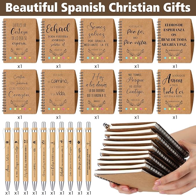 20 Pcs Spanish Christian Gifts Bulk Religious Notebooks with Bible Verse Pens,Inspirational Spiral Prayer Journal and Pen Set Church Gifts for Women Men Sunday Church Party Favors (Kraft)