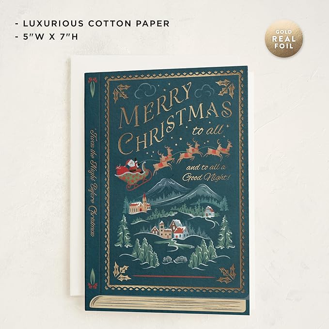 Minted The Night Before Christmas Cards, 8 Cards with Envelopes, Folded 5x7 Holiday Card with Vintage Santa Sleigh, Reindeer & Village Design, Gold Foil Pressed, Luxurious Paper, Interior Message
