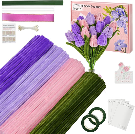 400 Pcs Chenille Stems Flowers Craft Kit,4 Colors Pipe Cleaners Bulk for DIY Floral Arrangements with Floral Wires, Gardening Tape,Hot Glue Stick,Greeting Card,Bouquet Paper, Stamen & Ribbon