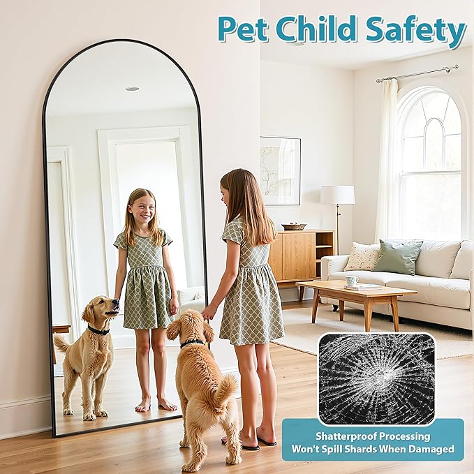 Full Length Mirror, 78"x38" Oversized Floor Mirror Freestanding, Full Body Mirror Floor Standing Mirrors with Stand, Hanging Mounted Mirrors for Bedroom Living Room, Black, Arched Style