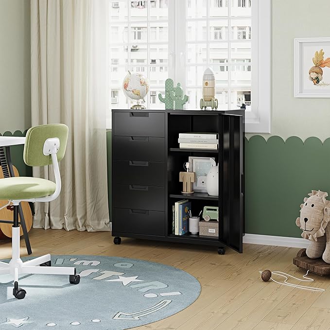 Letaya 5 Drawer Storage Cabinet, Mobile Printer Stand for Home Office,Dresser Chest with Shelves and Door(Black)