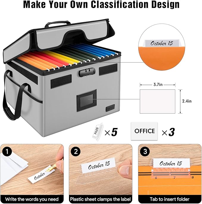 AMBOR File Box with Lock, Fireproof Document Box with 5 Tabs & Inserts, Collapsible File Organizer with Handle for Letter & Legal Size Folder/Certifications/Books Storage, Grey