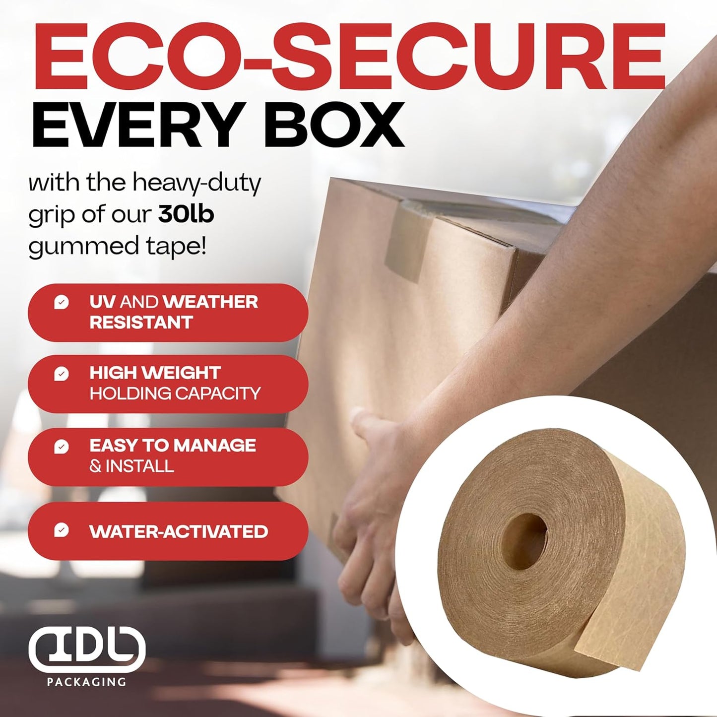 IDL Packaging 2.83" x 450 feet Reinforced Water-Activated Kraft Gummed Tape 30lb Thickness (Pack of 8) - Secure Paper Packing Tape for Secure Carton Sealing - Heavy-Duty for All Conditions, Brown