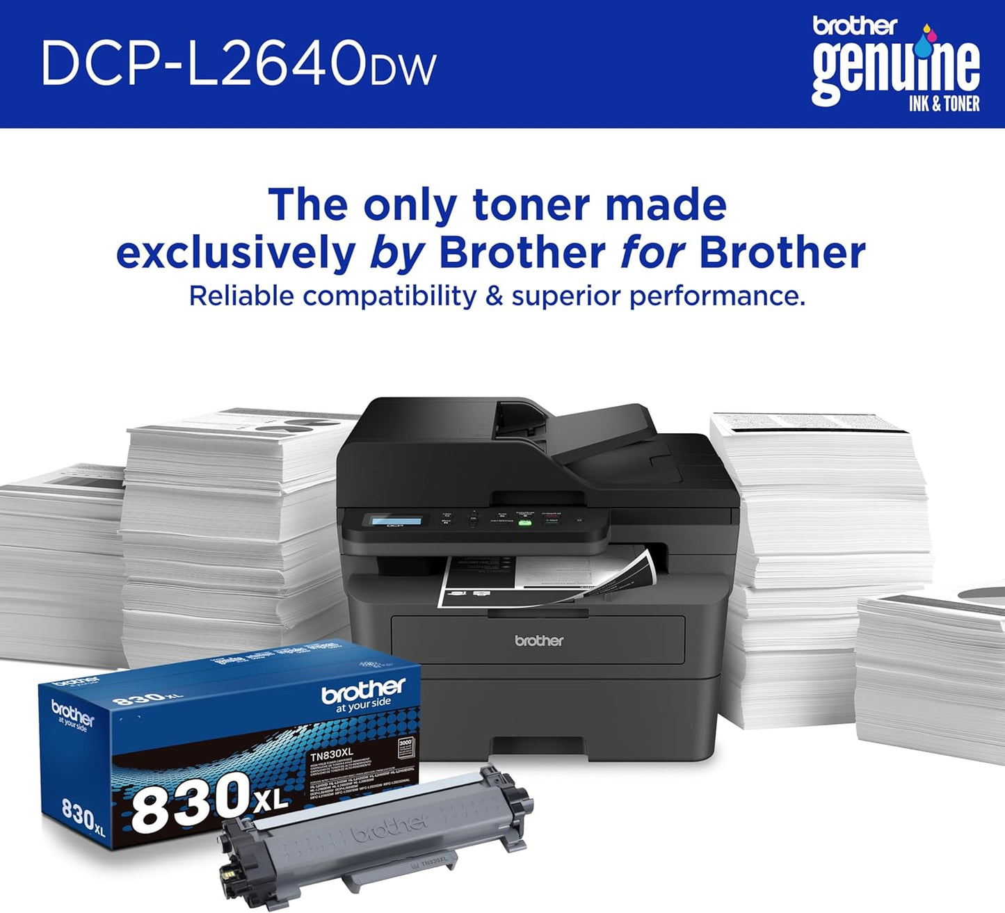 Brother DCP-L2640DW Wireless Compact Monochrome Multi-Function Laser Printer with Copy and Scan, Duplex, Black & White Output | Includes Refresh Subscription Trial(1), (Renewed Premium)