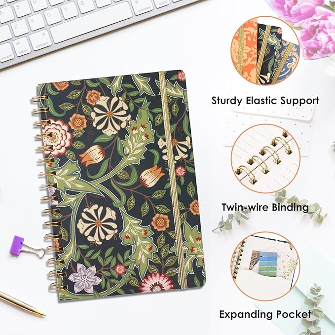LABUK 3 Pack A5 William Morris Floral Notebooks for Women, 5.7" x 8.5" College Ruled Spiral Journals 160 Pages Hardcover with Back Pocket, Suitable for School, Office, Home and Beyond