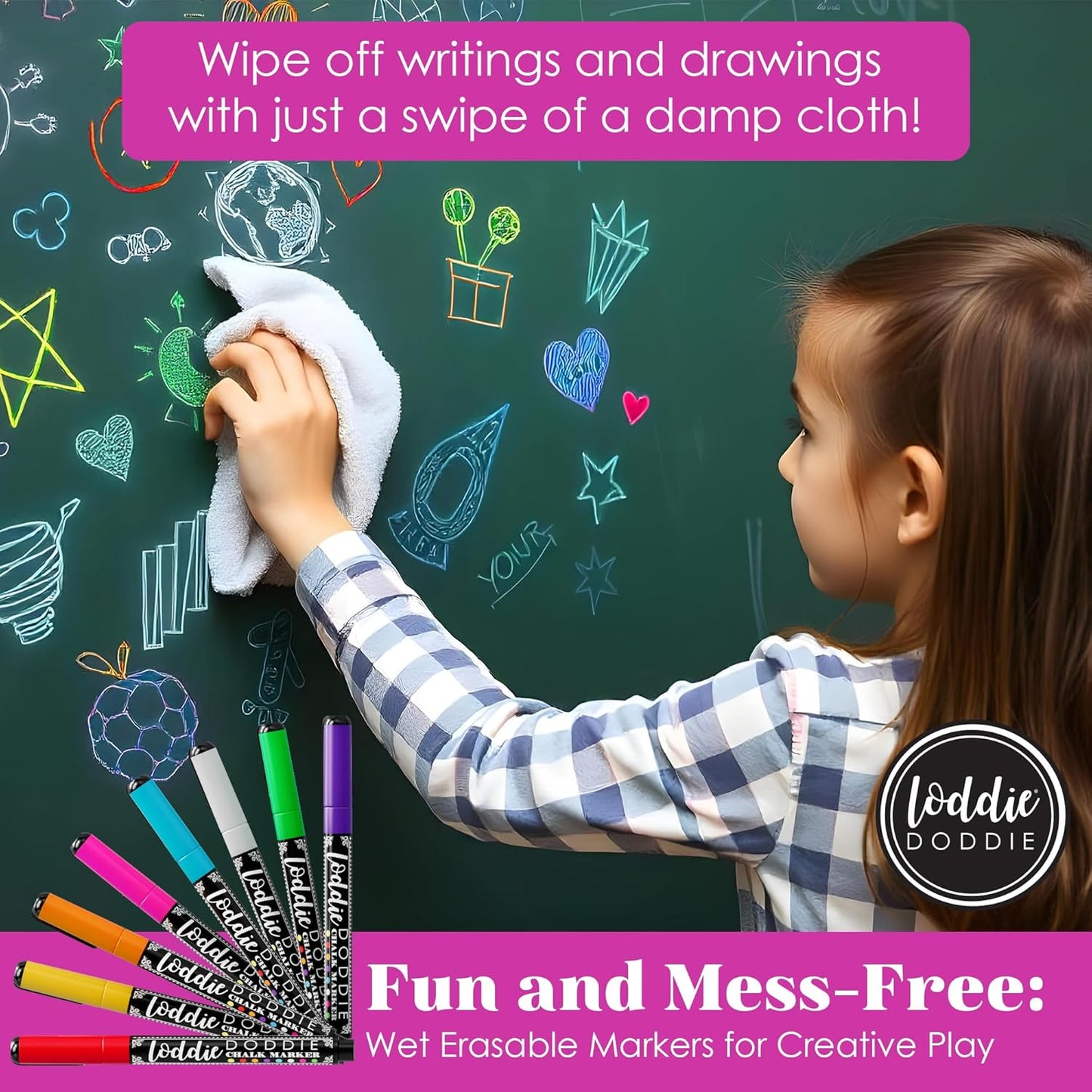 Loddie Doddie Fine Tip Liquid Chalk Markers - Pack of 8 1mm Neon Colors - Erasable Low-Odor Dry Erase Chalk Markers for Chalkboard, Blackboard & Glass