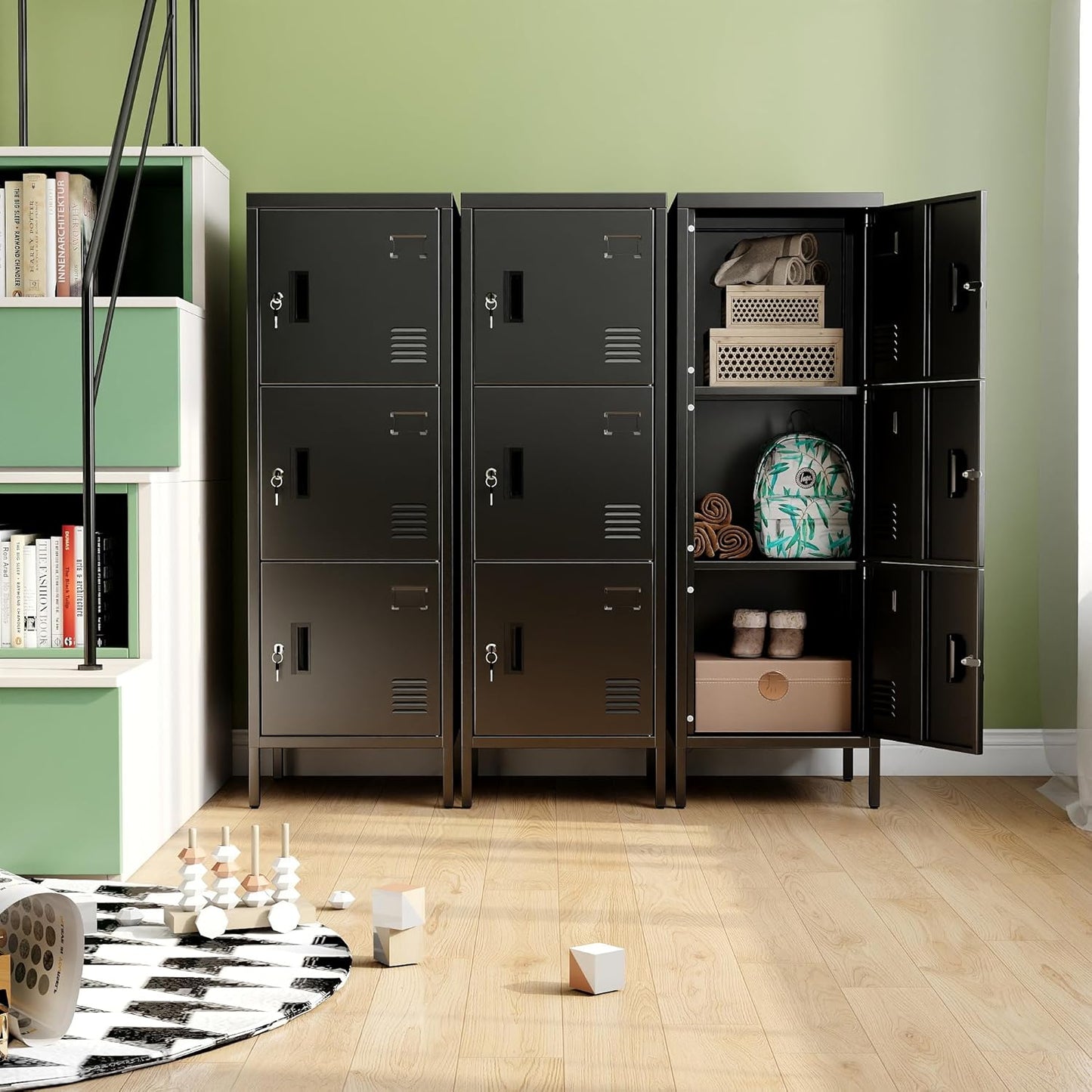 Metal Locker with Ventilation Holes, Metal Storage Cabinet with Lock and Card Slof for Home,School, Office, Gaeage,47.3" H x 15.8" W x 15.8" D,Assembly Required,Black