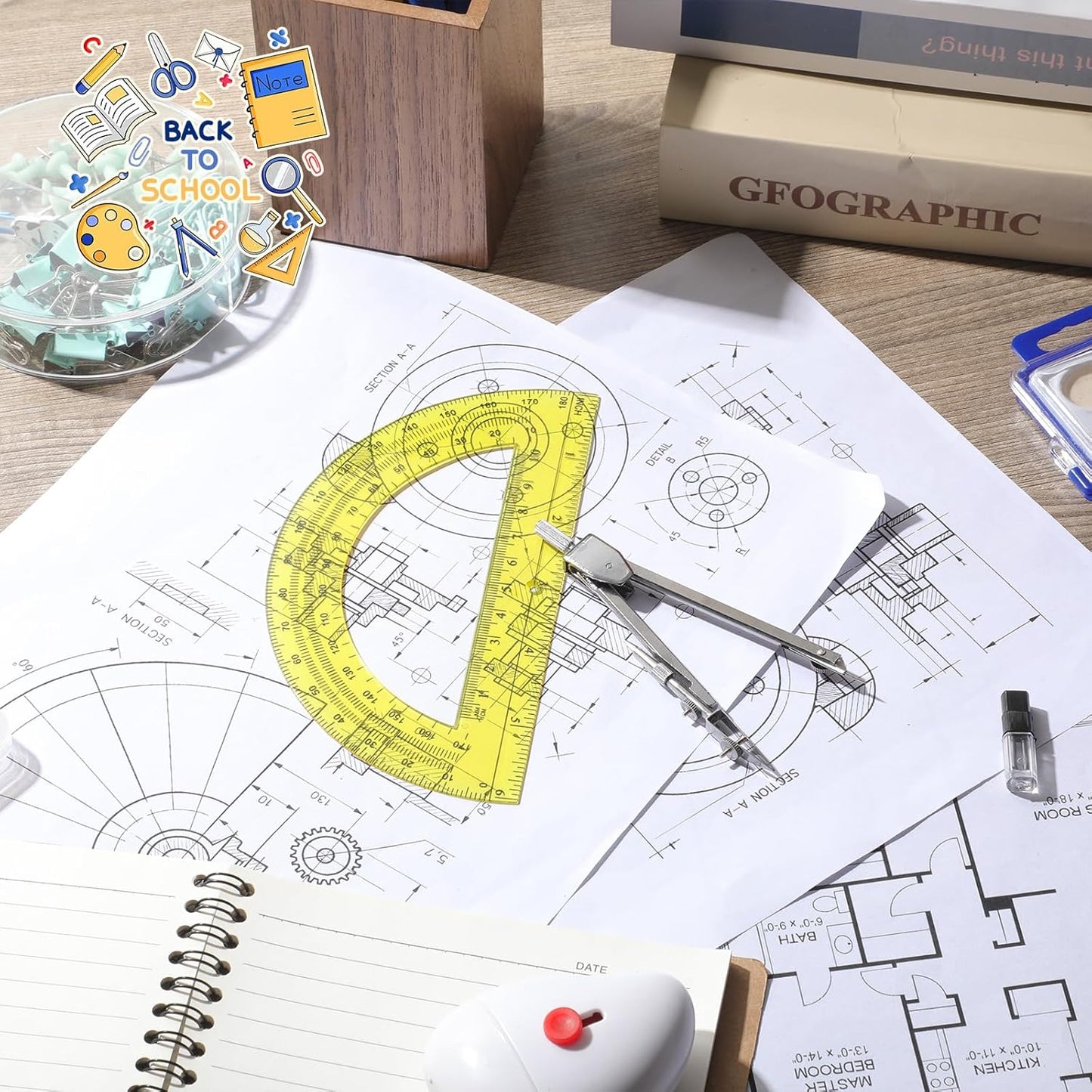 EBOOT Student Geometry Math Set, Drawing Compass and 6 Inch Swing Arm Protractor 180 Degree Math Protractor(Yellow)