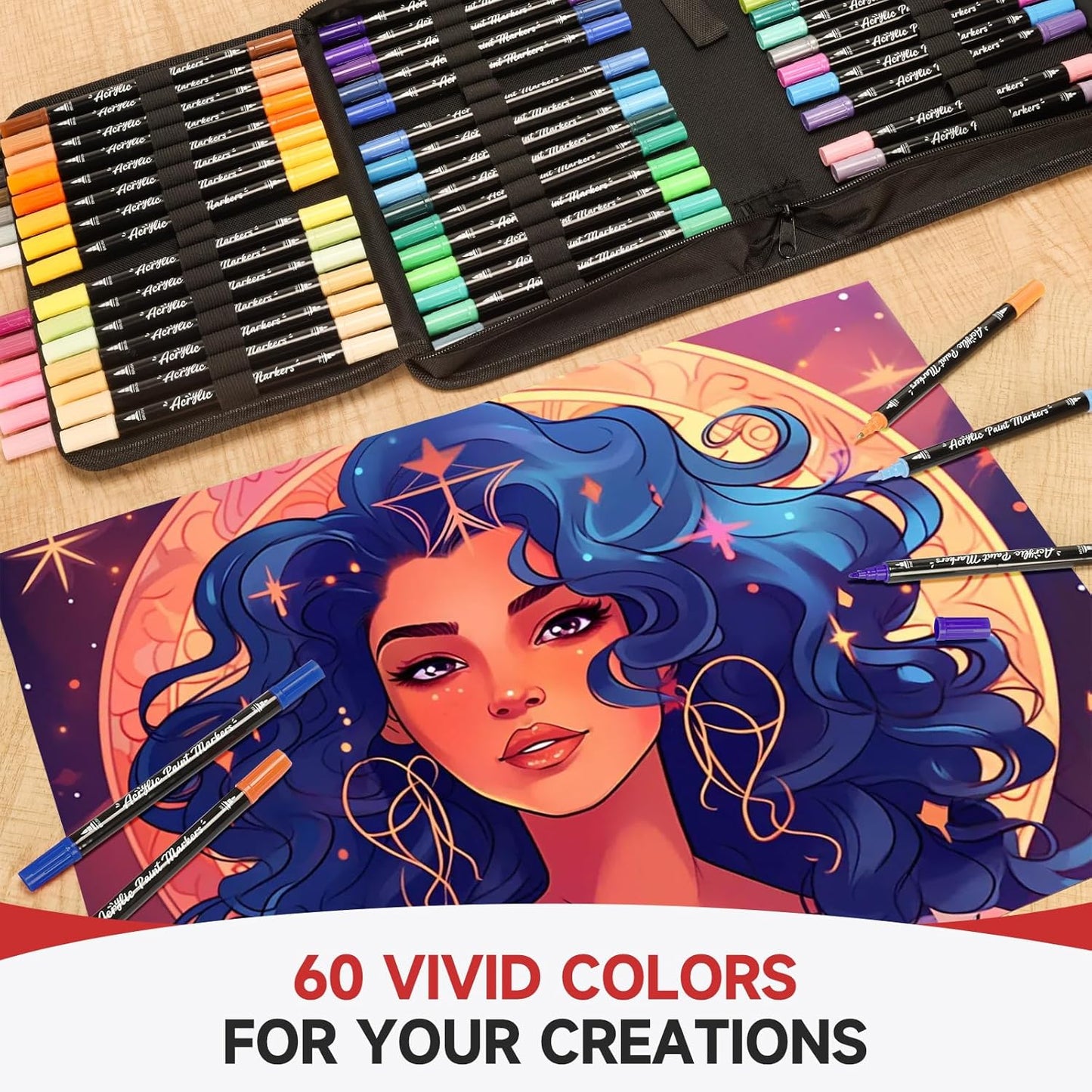 Acrylic Paint Markers,60 Colors Dual Tip Acrylic Paint Pens with Brush and Fine Tips for Rock Painting,Glass,Wood,Ceramic,Canvas,Stone, Vibrant Color Ideal for Artists, Crafters, DIY Projects