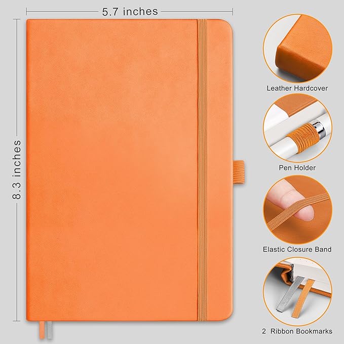 RETTACY Blank Journal Notebook, 192 Pages, A5 Medium Size (5.7'' x 8.3''), Leather Hardcover, 100 GSM Thick Paper, for Sketching, Drawing, Painting (Orange)